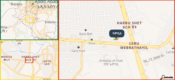 Map showing the address of ባምቢስ in three different zoom levels.