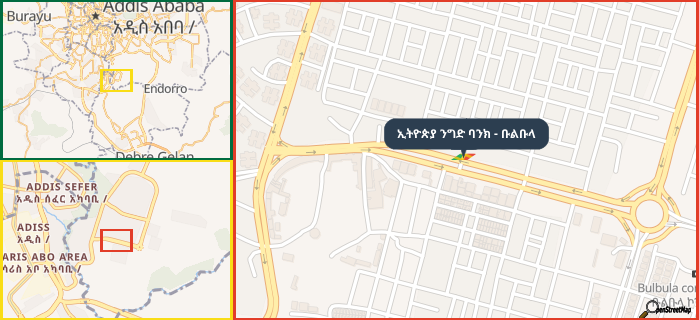 Map showing the address of ኢትዮጵያ ንግድ ባንክ - ቡልቡላ in three different zoom levels.