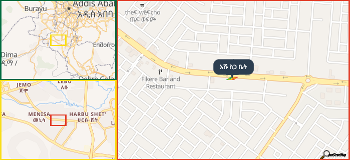 Map showing the address of አሹ ስጋ ቤት in three different zoom levels.