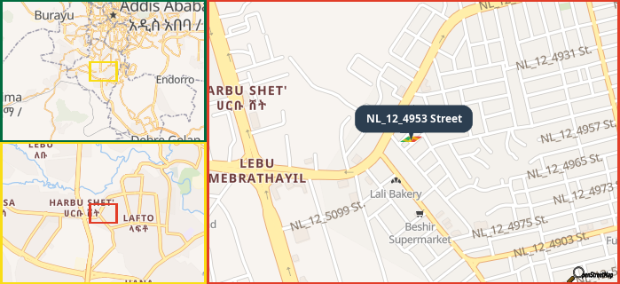 Map showing the address of NL_12_4953 Street in three different zoom levels.