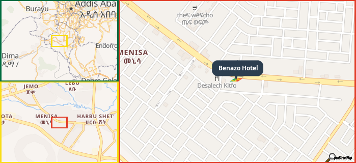 Map showing the address of Benazo Hotel in three different zoom levels.