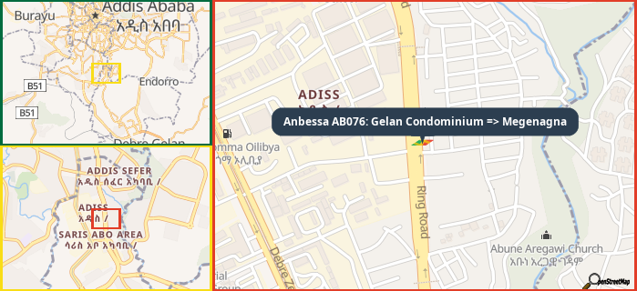 Map showing the address of Anbessa AB076: Gelan Condominium => Megenagna in three different zoom levels.