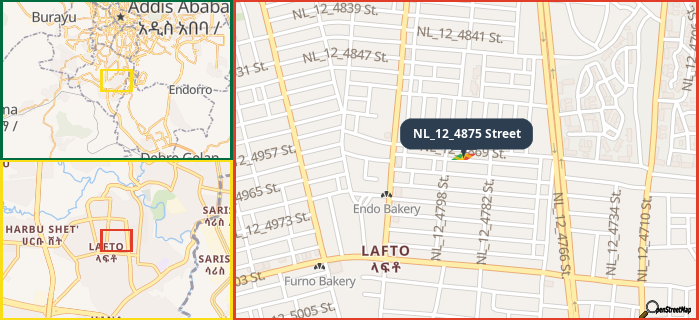 Map showing the address of NL_12_4875 Street in three different zoom levels.