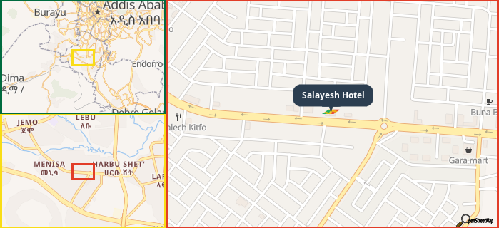 Map showing the address of Salayesh Hotel in three different zoom levels.