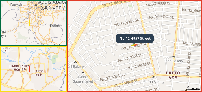 Map showing the address of NL_12_4957 Street in three different zoom levels.