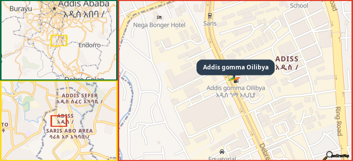 Map showing the address of Addis gomma Oilibya in three different zoom levels.