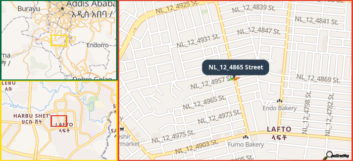 Map showing the address of NL_12_4865 Street in three different zoom levels.