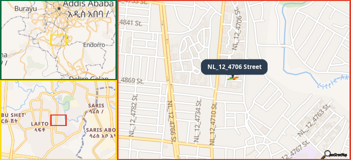 Map showing the address of NL_12_4706 Street in three different zoom levels.