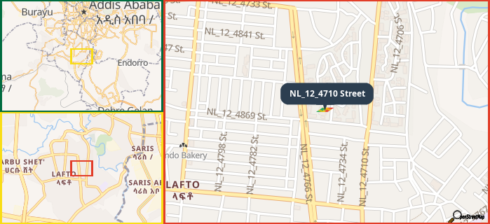 Map showing the address of NL_12_4710 Street in three different zoom levels.