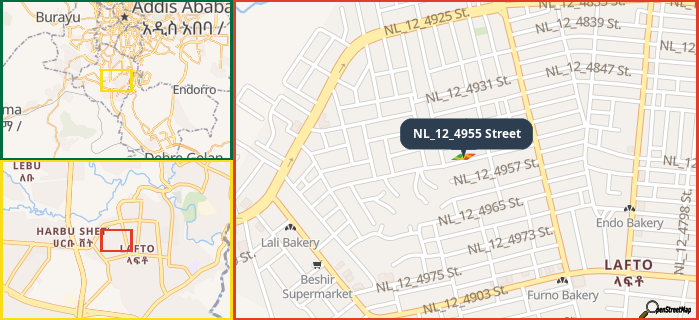 Map showing the address of NL_12_4955 Street in three different zoom levels.