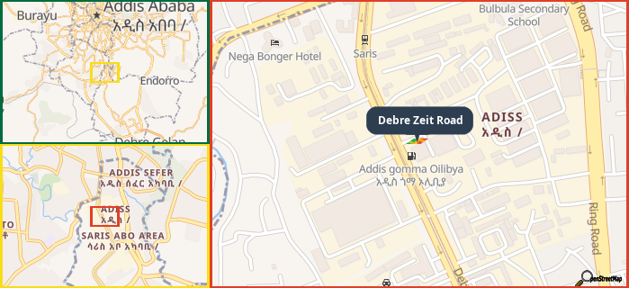 Map showing the address of Debre Zeit Road in three different zoom levels.