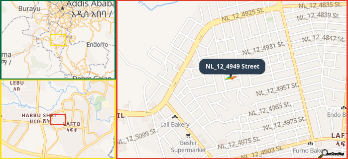 Map showing the address of NL_12_4949 Street in three different zoom levels.