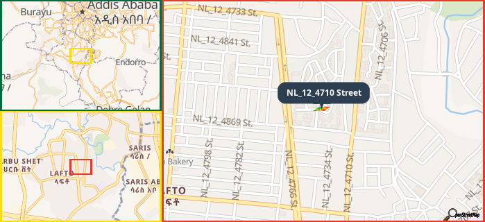 Map showing the address of NL_12_4710 Street in three different zoom levels.