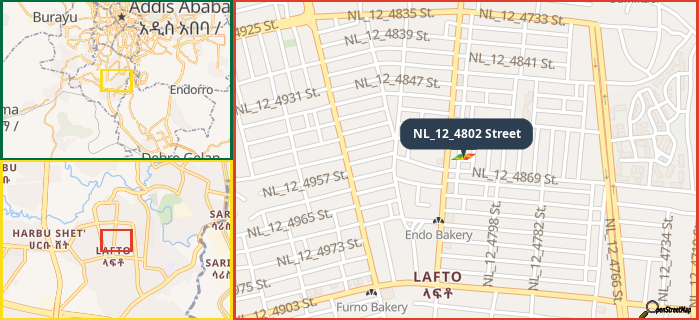 Map showing the address of NL_12_4802 Street in three different zoom levels.