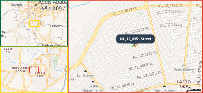 Map showing the address of NL_12_4951 Street in three different zoom levels.