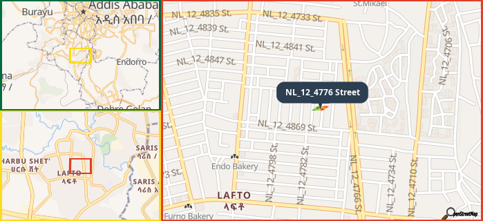 Map showing the address of NL_12_4776 Street in three different zoom levels.