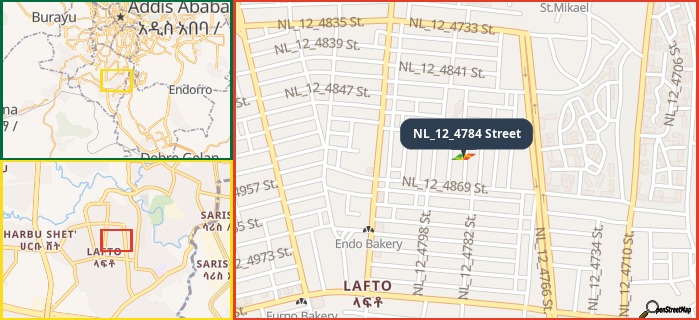 Map showing the address of NL_12_4784 Street in three different zoom levels.