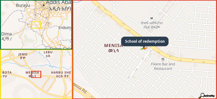 Map showing the address of School of redemption in three different zoom levels.