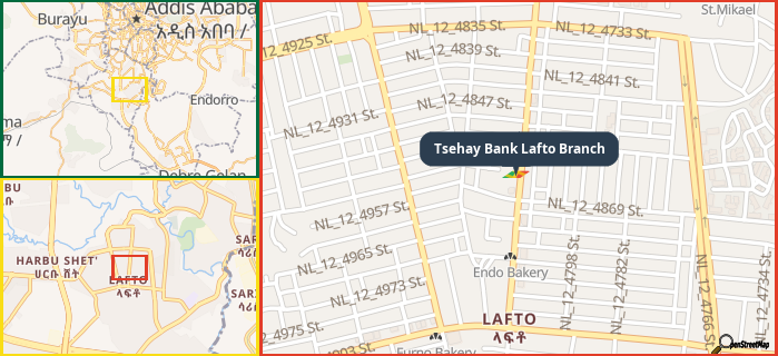 Map showing the address of Tsehay Bank Lafto Branch in three different zoom levels.