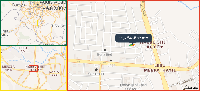 Map showing the address of ንዋይ ቻሌንጅ አካዳሚ in three different zoom levels.