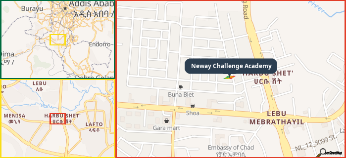 Map showing the address of Neway Challenge Academy in three different zoom levels.