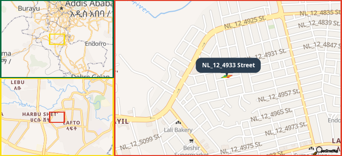 Map showing the address of NL_12_4933 Street in three different zoom levels.