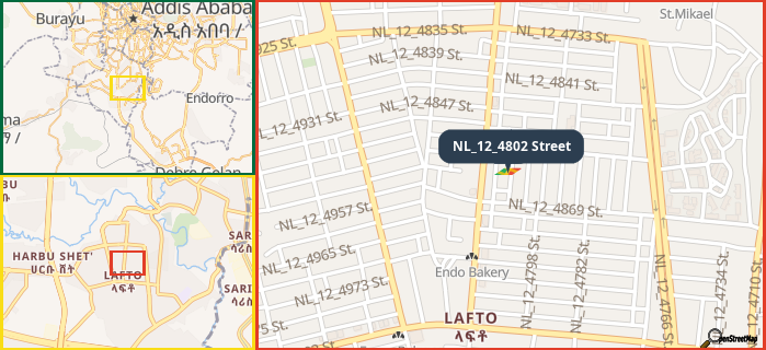 Map showing the address of NL_12_4802 Street in three different zoom levels.