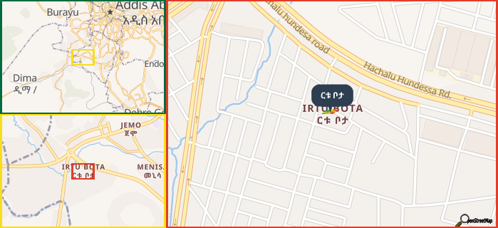 Map showing the address of ርቱ ቦታ in three different zoom levels.