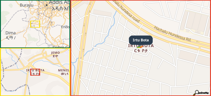 Map showing the address of Irtu Bota in three different zoom levels.