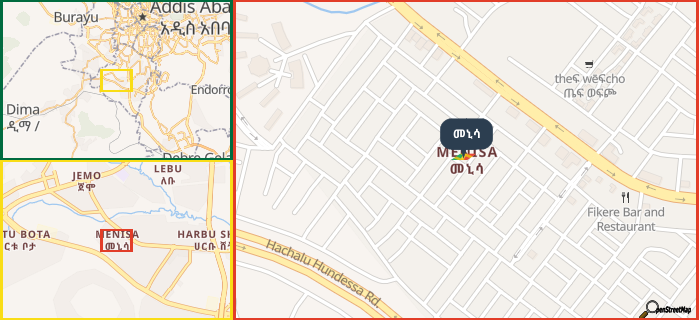 Map showing the address of መኒሳ in three different zoom levels.
