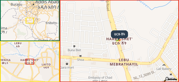 Map showing the address of ሀርቡ ሸት in three different zoom levels.