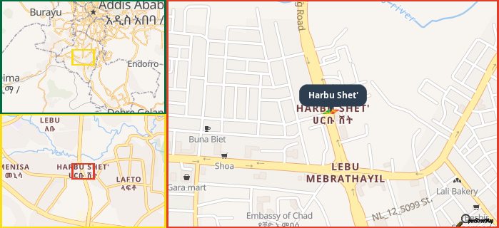 Map showing the address of Harbu Shet' in three different zoom levels.