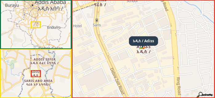 Map showing the address of አዲስ / Adiss in three different zoom levels.