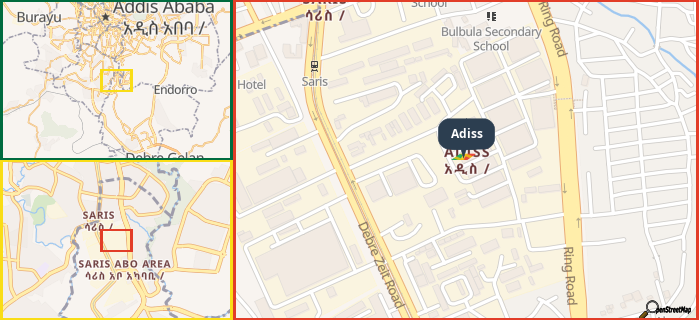 Map showing the address of Adiss in three different zoom levels.