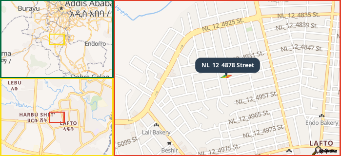 Map showing the address of NL_12_4878 Street in three different zoom levels.