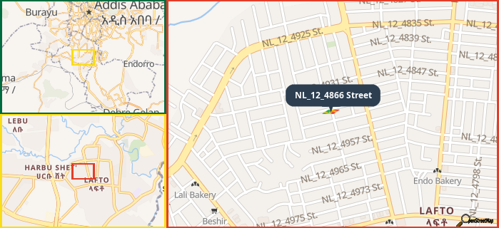 Map showing the address of NL_12_4866 Street in three different zoom levels.