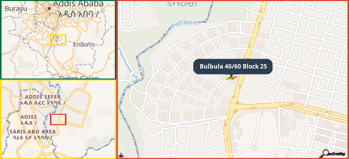 Map showing the address of Bulbula 40/60 Block 25 in three different zoom levels.