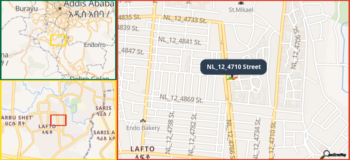 Map showing the address of NL_12_4710 Street in three different zoom levels.