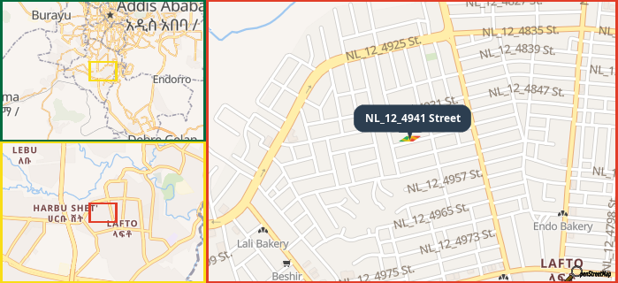 Map showing the address of NL_12_4941 Street in three different zoom levels.