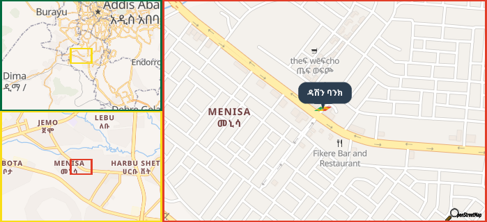 Map showing the address of ዳሽን ባንክ in three different zoom levels.