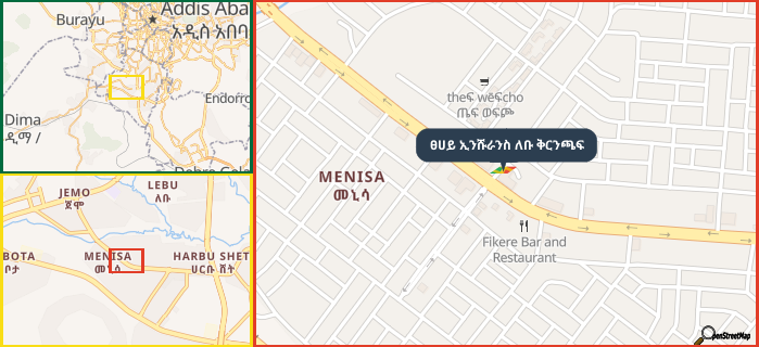 Map showing the address of ፀሀይ ኢንሹራንስ ለቡ ቅርንጫፍ in three different zoom levels.