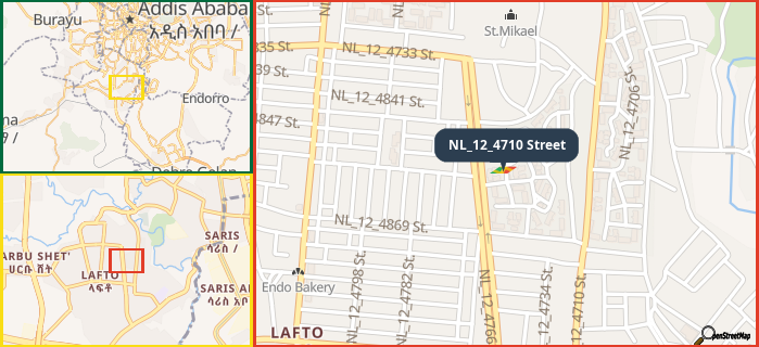 Map showing the address of NL_12_4710 Street in three different zoom levels.