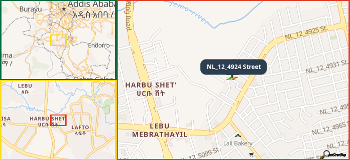 Map showing the address of NL_12_4924 Street in three different zoom levels.