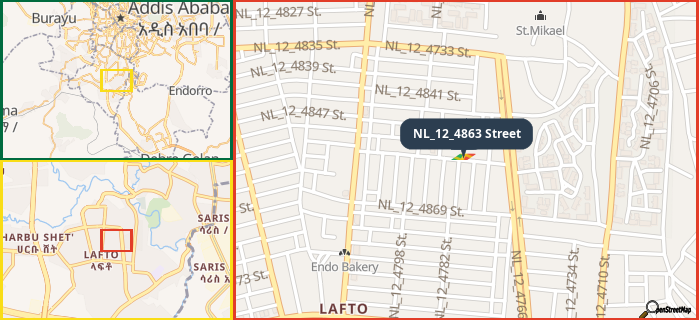 Map showing the address of NL_12_4863 Street in three different zoom levels.