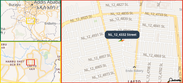 Map showing the address of NL_12_4332 Street in three different zoom levels.