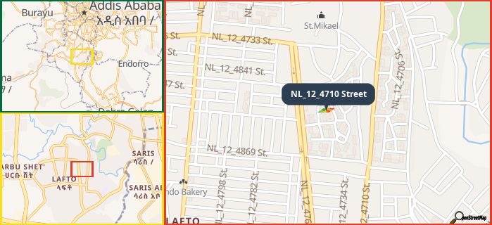 Map showing the address of NL_12_4710 Street in three different zoom levels.