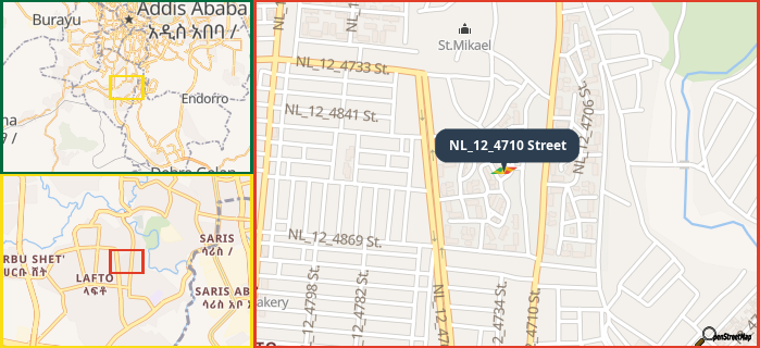 Map showing the address of NL_12_4710 Street in three different zoom levels.