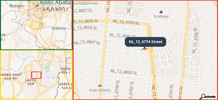 Map showing the address of NL_12_4774 Street in three different zoom levels.