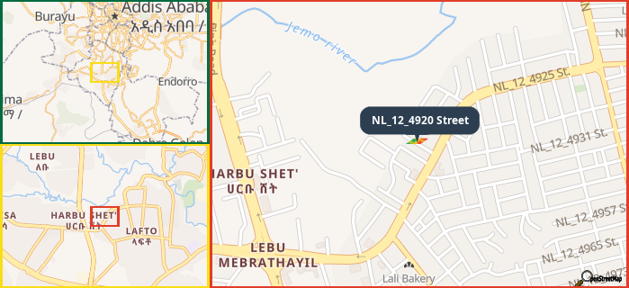 Map showing the address of NL_12_4920 Street in three different zoom levels.