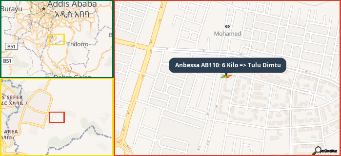Map showing the address of Anbessa AB110: 6 Kilo => Tulu Dimtu in three different zoom levels.